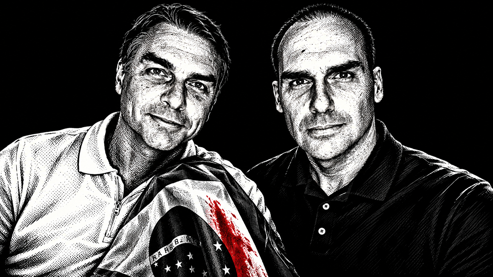 Flávio and Eduardo Bolsonaro, black and white editorial portrait