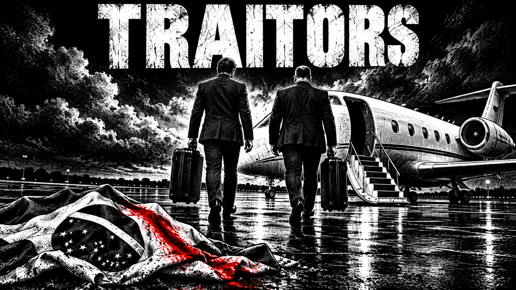 TRAITORS - Two silhouettes departing Brazil toward a private jet, Brazilian flag abandoned on the ground